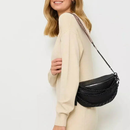 Black Braided PU Leather Crossbody Waist Bag – Adjustable Strap, Urban Style Fanny Pack for Women