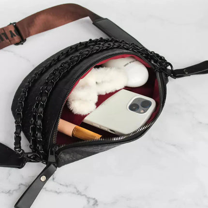 Black Braided PU Leather Crossbody Waist Bag – Adjustable Strap, Urban Style Fanny Pack for Women