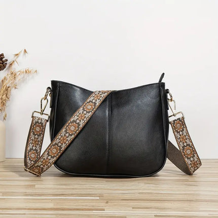 Vegan Leather Shoulder Bag with Wide Printed Strap – Stylish & Comfortable Everyday Handbag