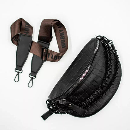 Black Braided PU Leather Crossbody Waist Bag – Adjustable Strap, Urban Style Fanny Pack for Women