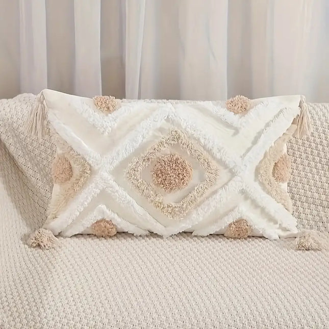 Boho Beige Decorative Cushion with Tassels – Handwoven Throw Pillow for Sofa & Bed