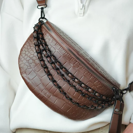 Black Braided PU Leather Crossbody Waist Bag – Adjustable Strap, Urban Style Fanny Pack for Women