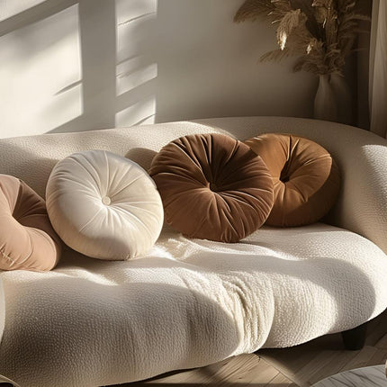 Round Velvet Decorative Cushion – Plush Pleated Throw Pillow in Multiple Trendy Colours