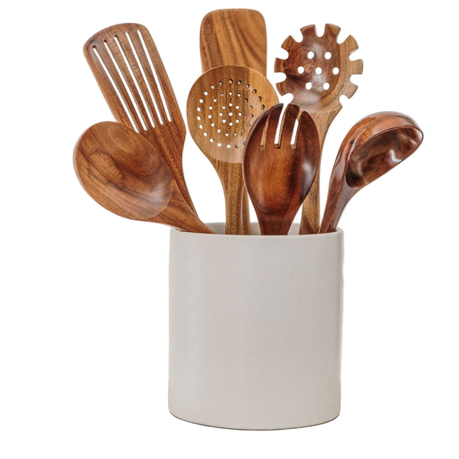 7-Piece Teak Wood Cooking Utensil Set – Eco-Friendly, Non-Toxic Kitchen Tools with Holder