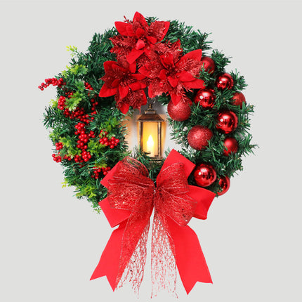 Red Christmas Wreath 16" with LED Lantern – Festive Holiday Decoration for Indoors