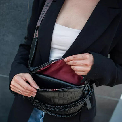 Black Braided PU Leather Crossbody Waist Bag – Adjustable Strap, Urban Style Fanny Pack for Women