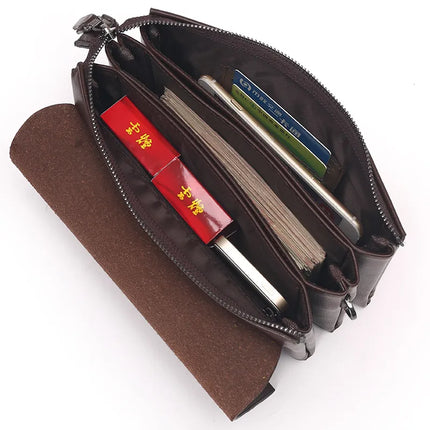 Men's Leather Wristlet Wallet – Multifunctional Clutch with Zippered Pockets
