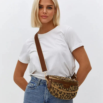 Trendy Leopard Print Crossbody Bag with Gold Chain – Adjustable Strap & Versatile Design