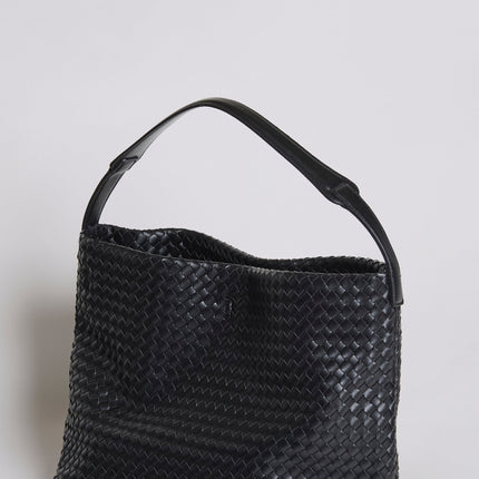 Vegan Leather Woven Hobo Shoulder Bag – Black, Stylish & Spacious