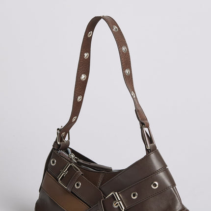 Vegan Leather Black Shoulder Bag with Buckle Details – Stylish & Sustainable