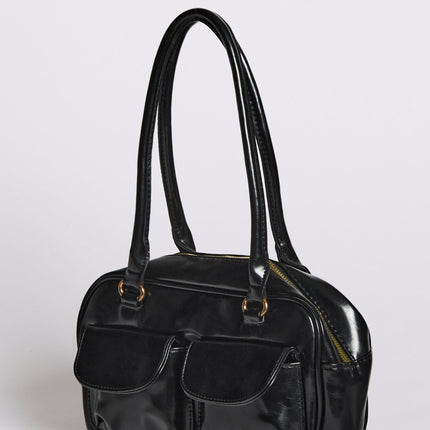 Vegan Leather Black Handbag with Dual Front Pockets – Stylish & Spacious