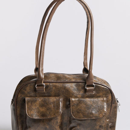 Luxury Vintage Shoulder Bag with Front Pockets – Vegan Leather & Timeless Design