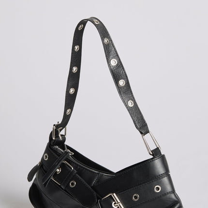 Vegan Leather Black Shoulder Bag with Buckle Details – Stylish & Sustainable