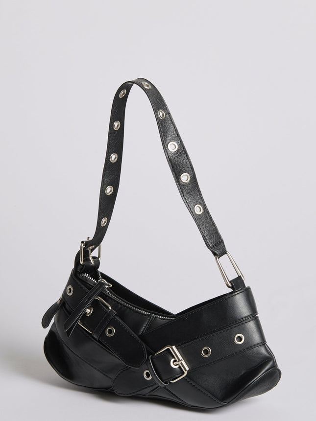 Vegan Leather Black Shoulder Bag with Buckle Details – Stylish & Sustainable