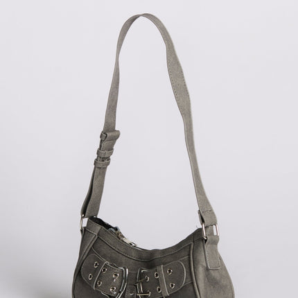 Trendy Grey Shoulder Bag with Buckle – Compact & Stylish