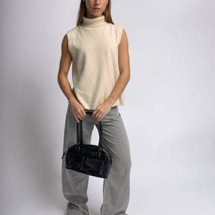 Vegan Leather Black Handbag with Dual Front Pockets – Stylish & Spacious