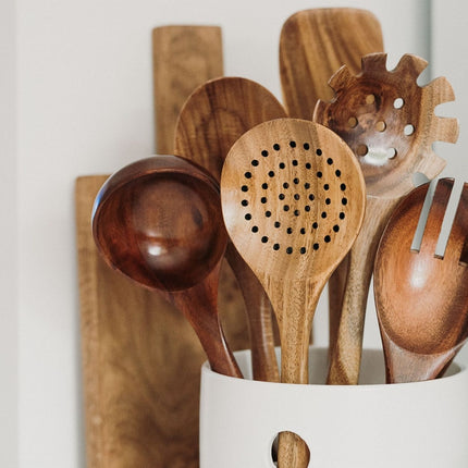 7-Piece Teak Wood Cooking Utensil Set – Eco-Friendly, Non-Toxic Kitchen Tools with Holder