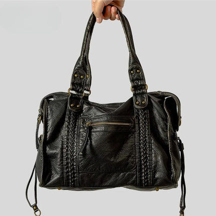 Black PU Leather Handbag With Metal Buckles – Stylish & Functional Women’s Everyday Bag