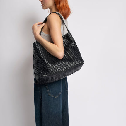 Vegan Leather Woven Hobo Shoulder Bag – Black, Stylish & Spacious