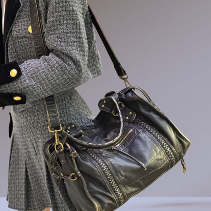 Black PU Leather Handbag With Metal Buckles – Stylish & Functional Women’s Everyday Bag