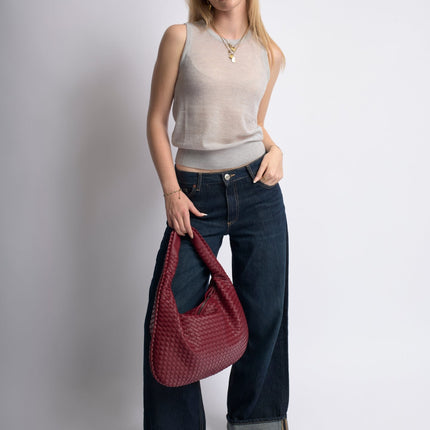 Spacious Braided Women’s Shoulder Bag – Black & Red Elegant Daily Handbag