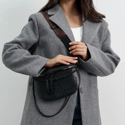 Black Braided PU Leather Crossbody Waist Bag – Adjustable Strap, Urban Style Fanny Pack for Women