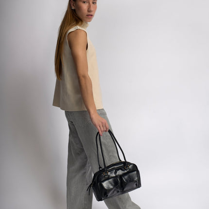 Vegan Leather Black Handbag with Dual Front Pockets – Stylish & Spacious