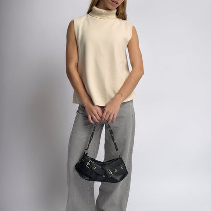 Vegan Leather Black Shoulder Bag with Buckle Details – Stylish & Sustainable