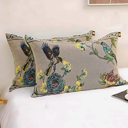 Decorative Bird & Floral Cushion Cover – Elegant Throw Pillow Case with Button Closure for Living Room & Bedroom Décor
