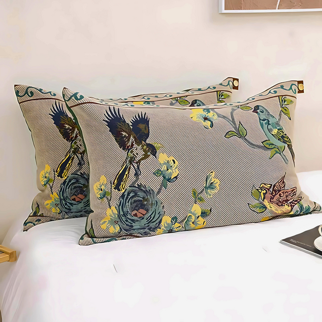 Decorative Bird & Floral Cushion Cover – Elegant Throw Pillow Case with Button Closure for Living Room & Bedroom Décor