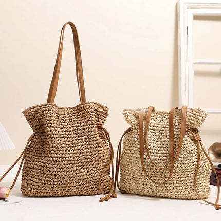 Women's Straw Beach Tote Bag – Large Woven Handbag with Leather Handles for Summer