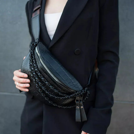 Black Braided PU Leather Crossbody Waist Bag – Adjustable Strap, Urban Style Fanny Pack for Women