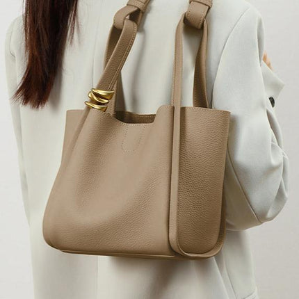 Genuine Leather Bucket Tote Bag for Women – Spacious Modern Handbag with Removable Inner Pouch & Gold Accents