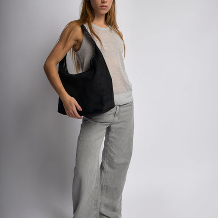 Black Suede Shoulder Bag – Minimalist & Spacious Design