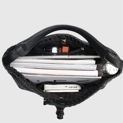 Vegan Leather Woven Hobo Shoulder Bag – Black, Stylish & Spacious