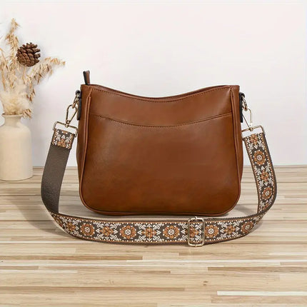Vegan Leather Shoulder Bag with Wide Printed Strap – Stylish & Comfortable Everyday Handbag