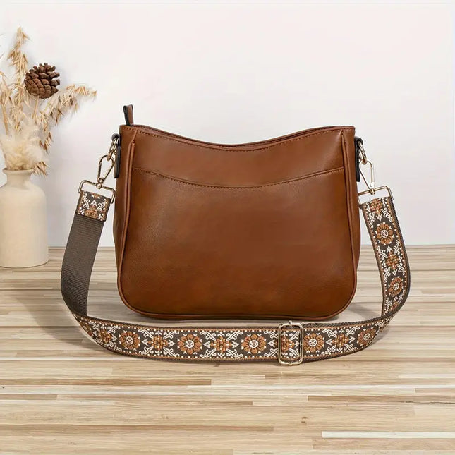 Vegan Leather Shoulder Bag with Wide Printed Strap – Stylish & Comfortable Everyday Handbag