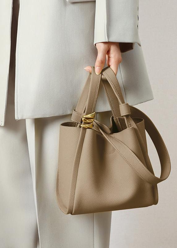 Genuine Leather Bucket Tote Bag for Women – Spacious Modern Handbag with Removable Inner Pouch & Gold Accents