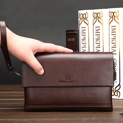 Men's Leather Wristlet Wallet – Multifunctional Clutch with Zippered Pockets