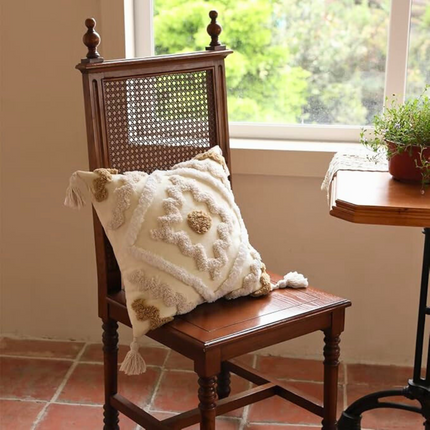 Boho Beige Decorative Cushion with Tassels – Handwoven Throw Pillow for Sofa & Bed