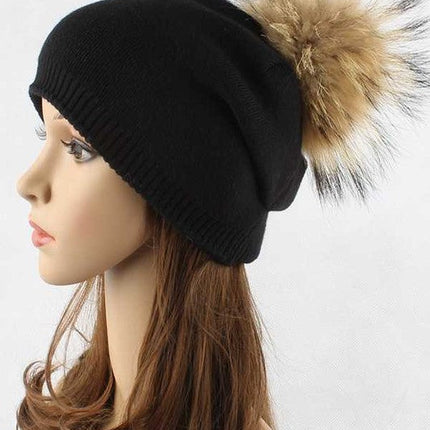 Luxury Wool-Cashmere Beanie with Detachable Raccoon Fur Pom Pom – Snap-On Winter Hat for Women