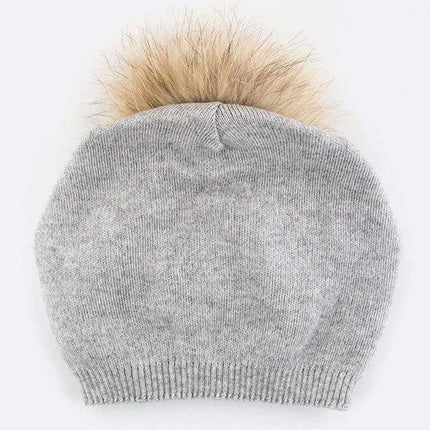 Luxury Wool-Cashmere Beanie with Detachable Raccoon Fur Pom Pom – Snap-On Winter Hat for Women