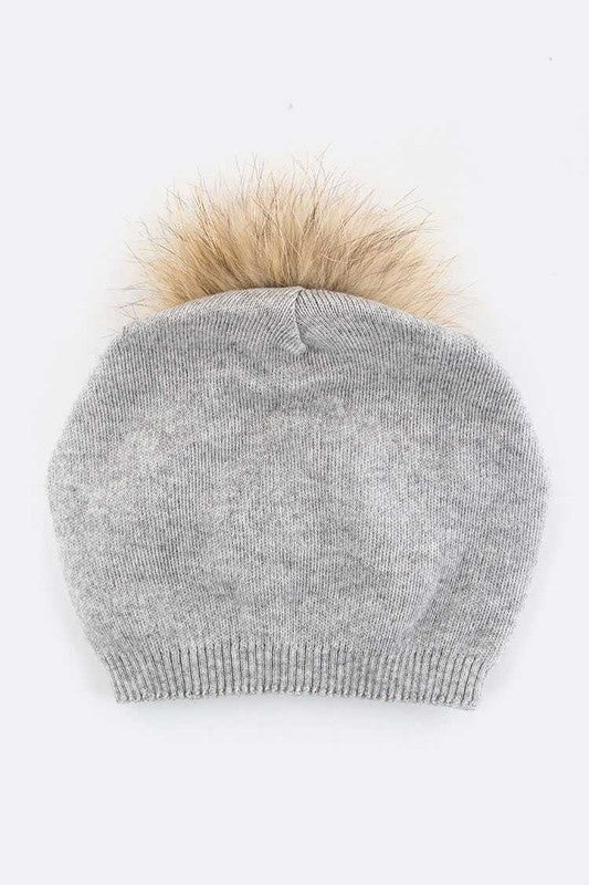 Luxury Wool-Cashmere Beanie with Detachable Raccoon Fur Pom Pom – Snap-On Winter Hat for Women