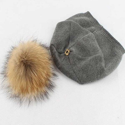 Luxury Wool-Cashmere Beanie with Detachable Raccoon Fur Pom Pom – Snap-On Winter Hat for Women