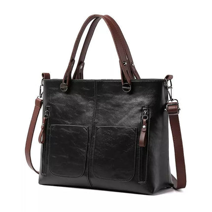 Women’s Shopper Tote Bag – Large Vegan Leather Handbag with Front Pockets & Shoulder Strap