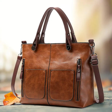 Women’s Shopper Tote Bag – Large Vegan Leather Handbag with Front Pockets & Shoulder Strap