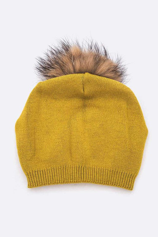 Luxury Wool-Cashmere Beanie with Detachable Raccoon Fur Pom Pom – Snap-On Winter Hat for Women