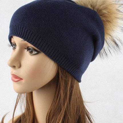 Luxury Wool-Cashmere Beanie with Detachable Raccoon Fur Pom Pom – Snap-On Winter Hat for Women