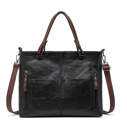 Women’s Shopper Tote Bag – Large Vegan Leather Handbag with Front Pockets & Shoulder Strap