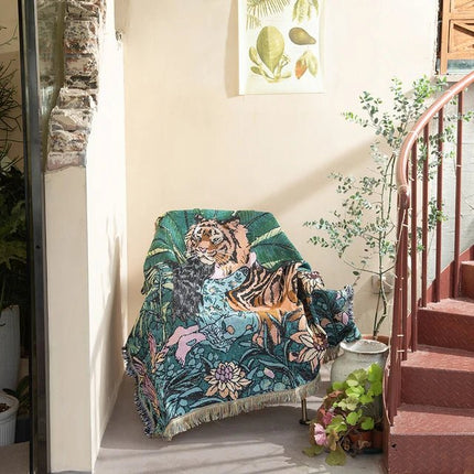 Modern Abstract Woven Wall Tapestry Throw Blanket – 100% Cotton, 59" x 79", Machine Washable, Multi-Color Geometric Design